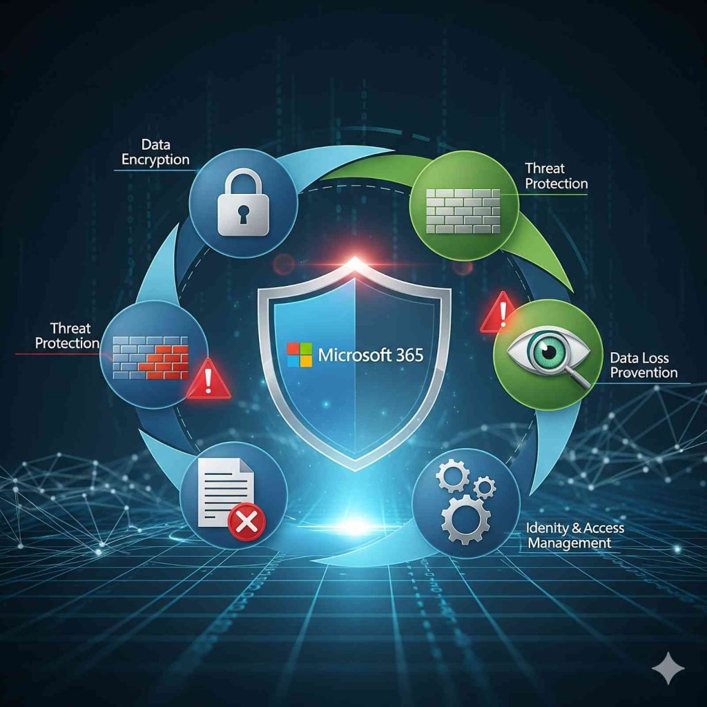Microsoft 365 security shield surrounded by icons representing data encryption, threat protection, data loss prevention, and identity & access management.