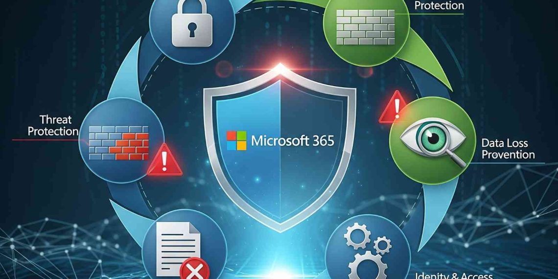 Microsoft 365 security shield surrounded by icons representing data encryption, threat protection, data loss prevention, and identity & access management.
