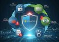 Microsoft 365 security shield surrounded by icons representing data encryption, threat protection, data loss prevention, and identity & access management.