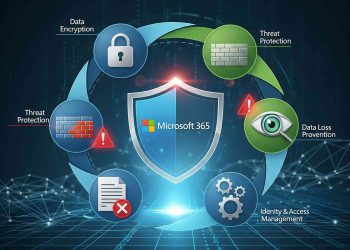Microsoft 365 security shield surrounded by icons representing data encryption, threat protection, data loss prevention, and identity & access management.