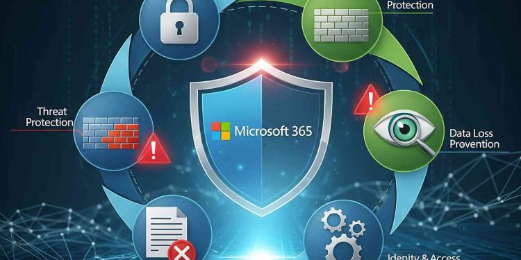 Microsoft 365 security shield surrounded by icons representing data encryption, threat protection, data loss prevention, and identity & access management.